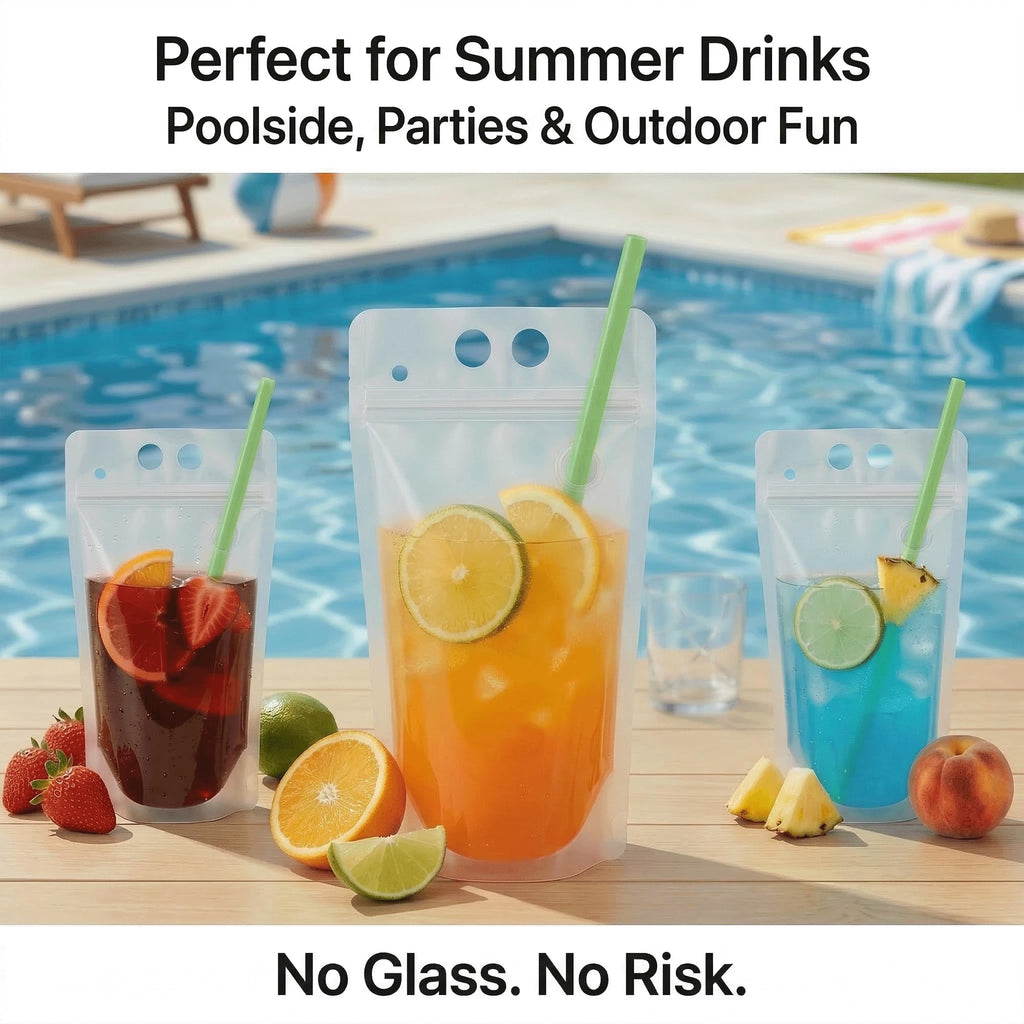 C CRYSTAL LEMON 100PCS Drink Pouches with Side Straw Port, Resealable Drink Bag Set with Straws & Funnel, 17oz Clear Beverage Pouches for Juice, Smoothies, Cocktails & Slushies