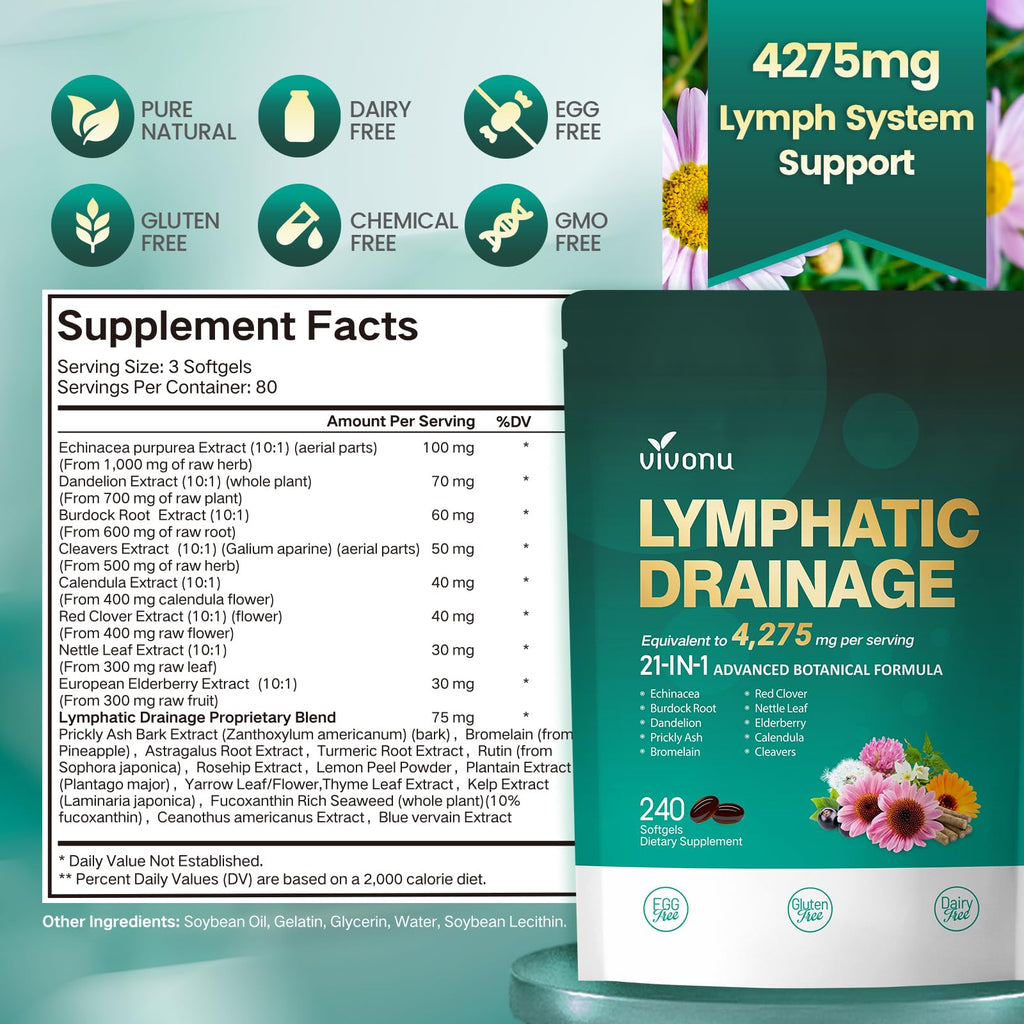 Lymphatic Drainage Supplement, 240 Softgels, 4275mg Lymph System Support Supplement for Women & Men, 21-in-1 Herbal Blend with Echinacea, Dandelion, Burdock, Bromelain, Calendula, Turmeric & More 2Bag