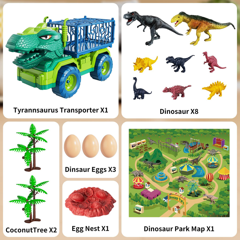 TEMI Dinosaur Truck Toys for Kids 3-5 Years, Tyrannosaurus Transport Car Carrier Truck with 8 Dinosaur Figures, Activity Play Mat, Dinosaur Eggs, Trees, Capture Jurassic Play Set for Boys and Girls