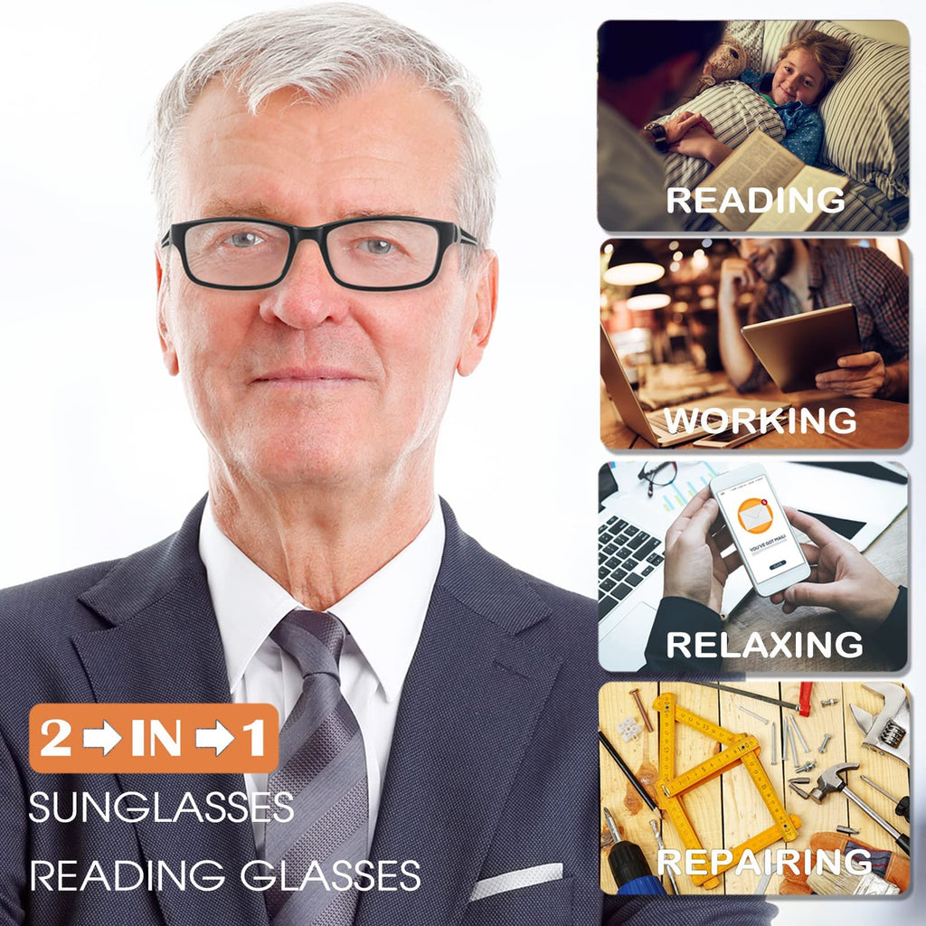 SUNAMOY Wide Reading Glasses For Men Blue Light Blocking Computer Readers Stylish Designer Sport Cheater Large Head Frame Nice Black Photochromic Tinted Dark Transition Eyeglasses 2 Packs