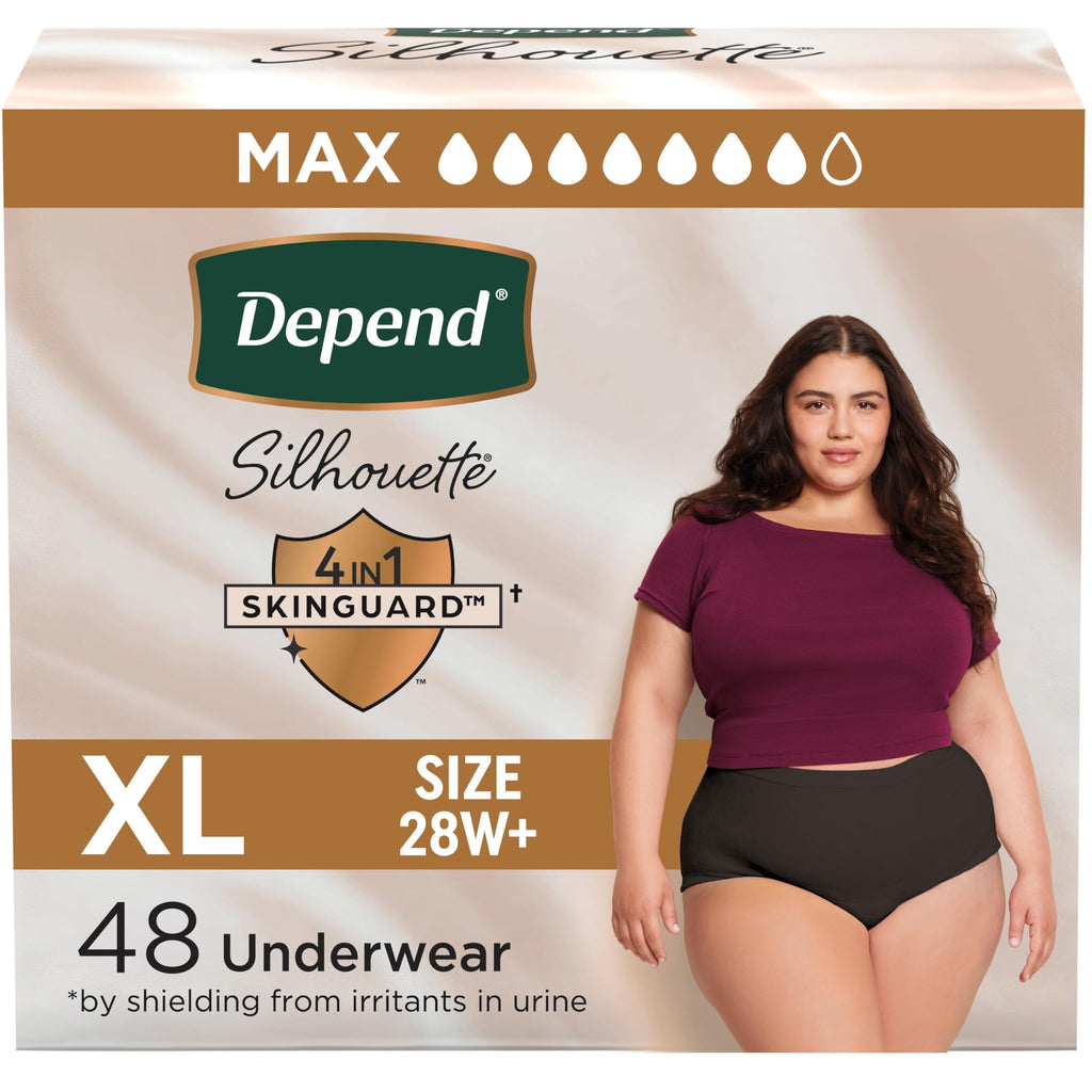 Depend Silhouette Adult Diapers, Incontinence & Postpartum Bladder Leak Underwear for Women, Maximum Absorbency, Extra Large, Black, 48 Count (2 Packs of 24), Packaging May Vary