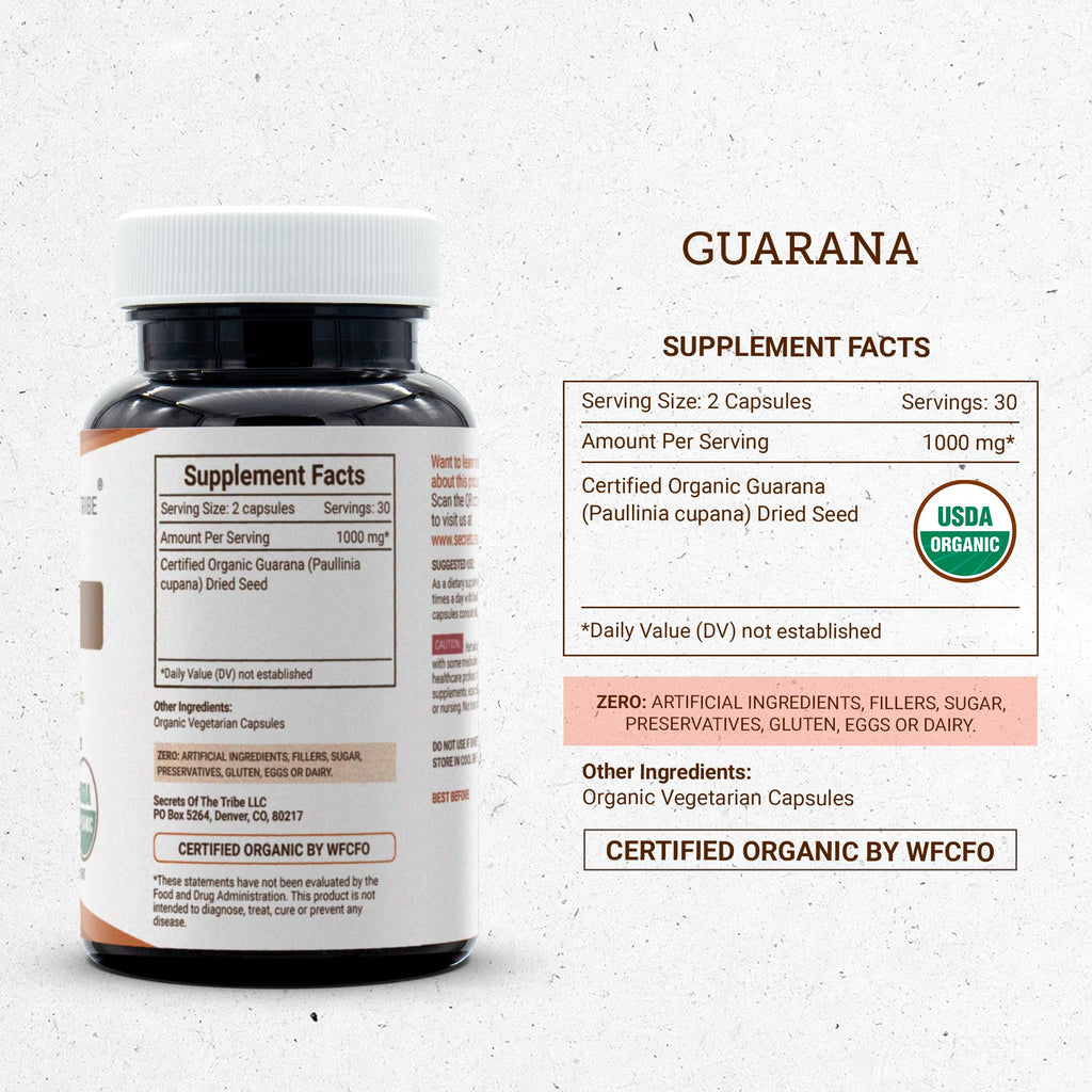 Secrets of the Tribe Guarana USDA Organic Capsules | Certified Organic Vegetarian Capsules, Herbal Dietary Supplement | Paullinia cupanais Dried Seed (60 Count)