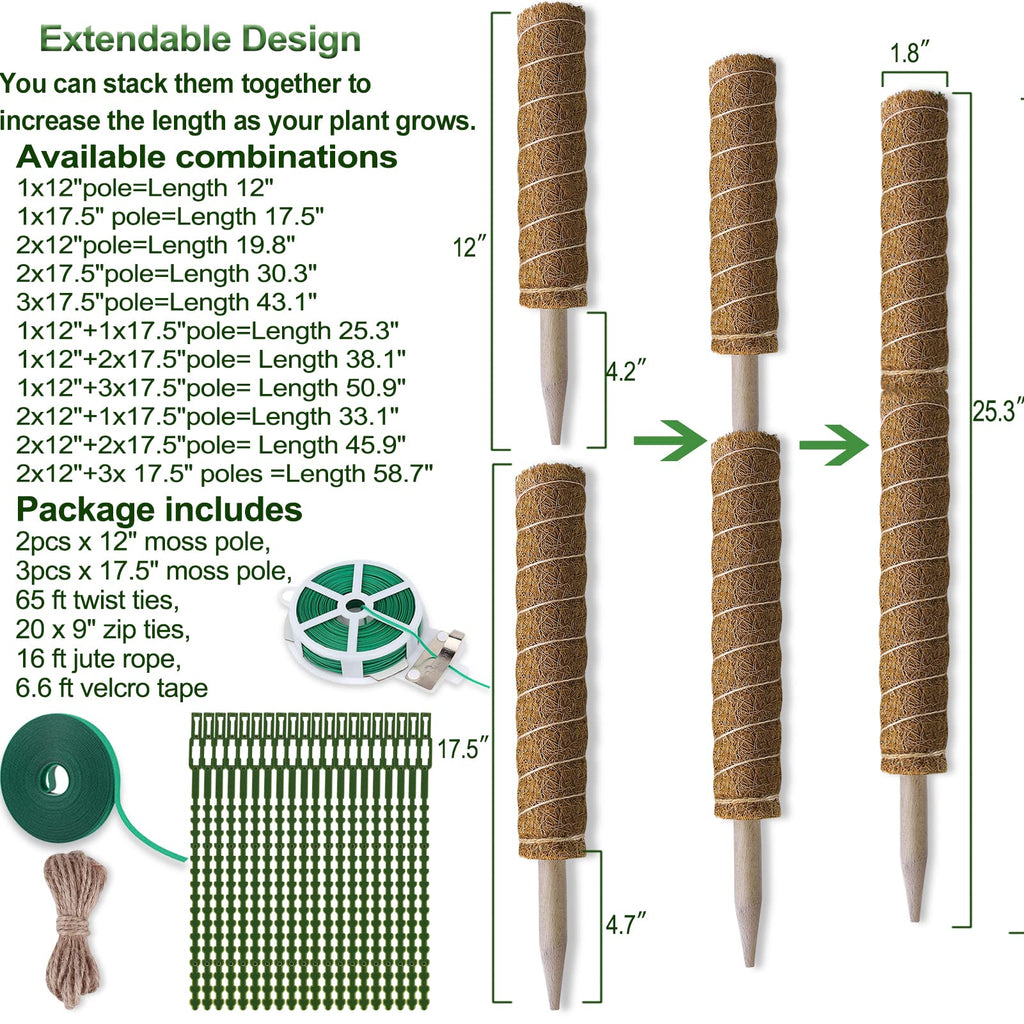 Fabulas Moss Pole 58.7 Inch - Monstera Plant Support 5 Pack, 17.5" and 12" Plant Stakes for Indoor Plants Coco Coir Moss Pole Sticks for Climbing Potted Live Plants, Pothos, Philodendron
