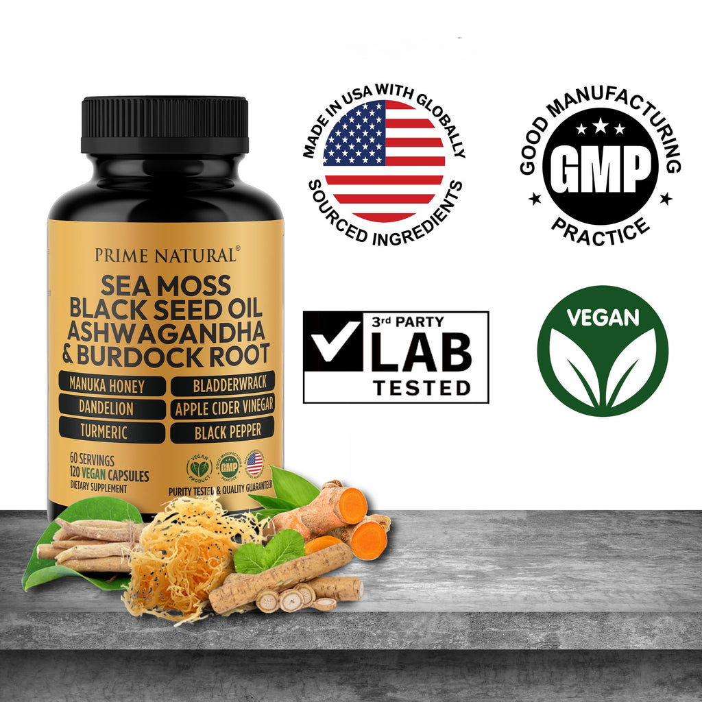 PRIME NATURAL Sea Moss 300mg Black Seed Oil 200mg Ashwagandha 100mg Turmeric Bladderwrack Burdock Manuka Honey Dandelion ACV - 120 Capsules | 60 Days Supply | Vegan