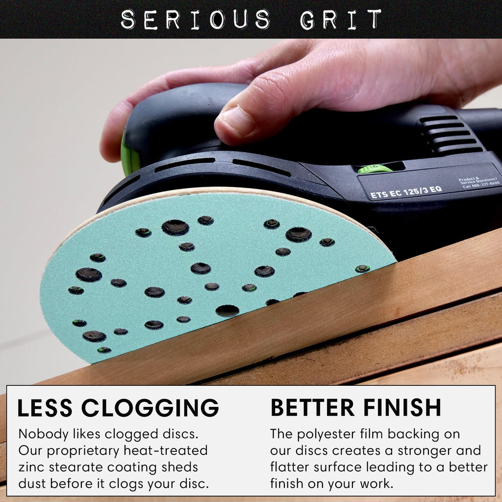 Serious Grit - 6-Inch 49-Hole 220 Grit Sanding Discs - Heavy-Duty Hook & Loop Film Discs - Sandpaper for Random Orbital Sanders - 50 Pack Box