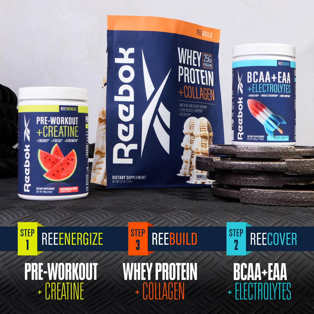 Reebok REEcover Amino Acids + Electrolytes | 8g EAAs, 5g BCAAs, Hydration Matrix | Muscle Recovery, Strength | Post-Workout Support | 30 Servings | Strawberry Lemonade