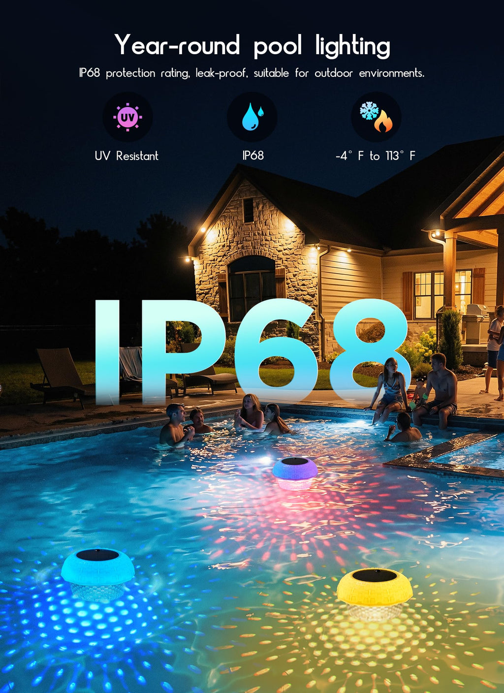 2 in 1 Floating-Pool-Lights-Solar-Powered with Chlorine-Floater, RGBWW-Solar-Pool-Light-Chlorine-Dispenser with 20+ Light Effects, Remote Control, IP68 Waterproof Light for Pools, Hot Tubs, Parties