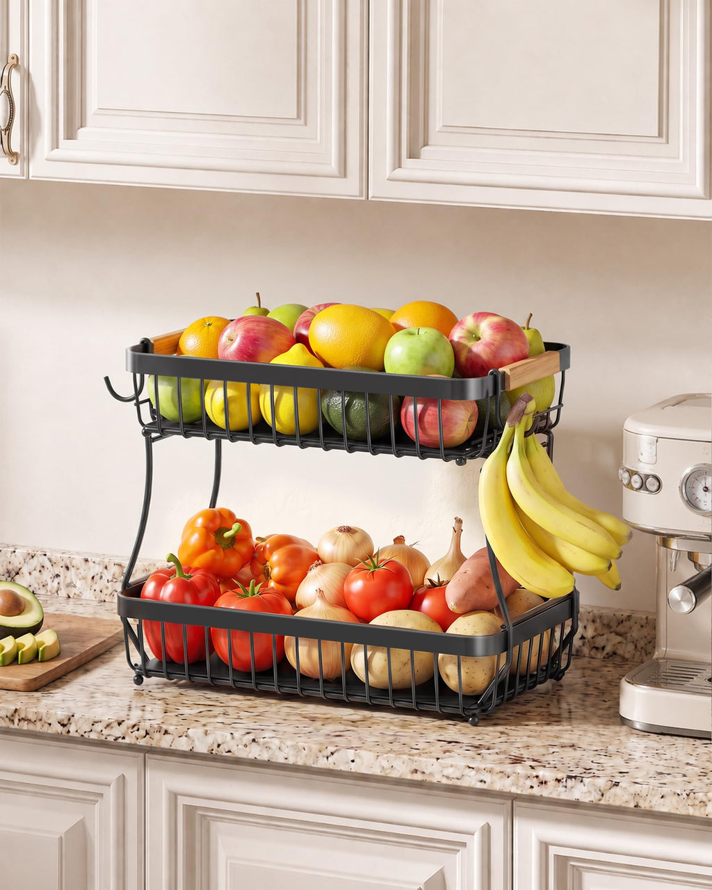 Sevenblue 2-Tier Fruit Basket with Banana Hangers, Detachable Metal Bowl