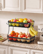 Sevenblue 2-Tier Fruit Basket with Banana Hangers, Detachable Metal Bowl