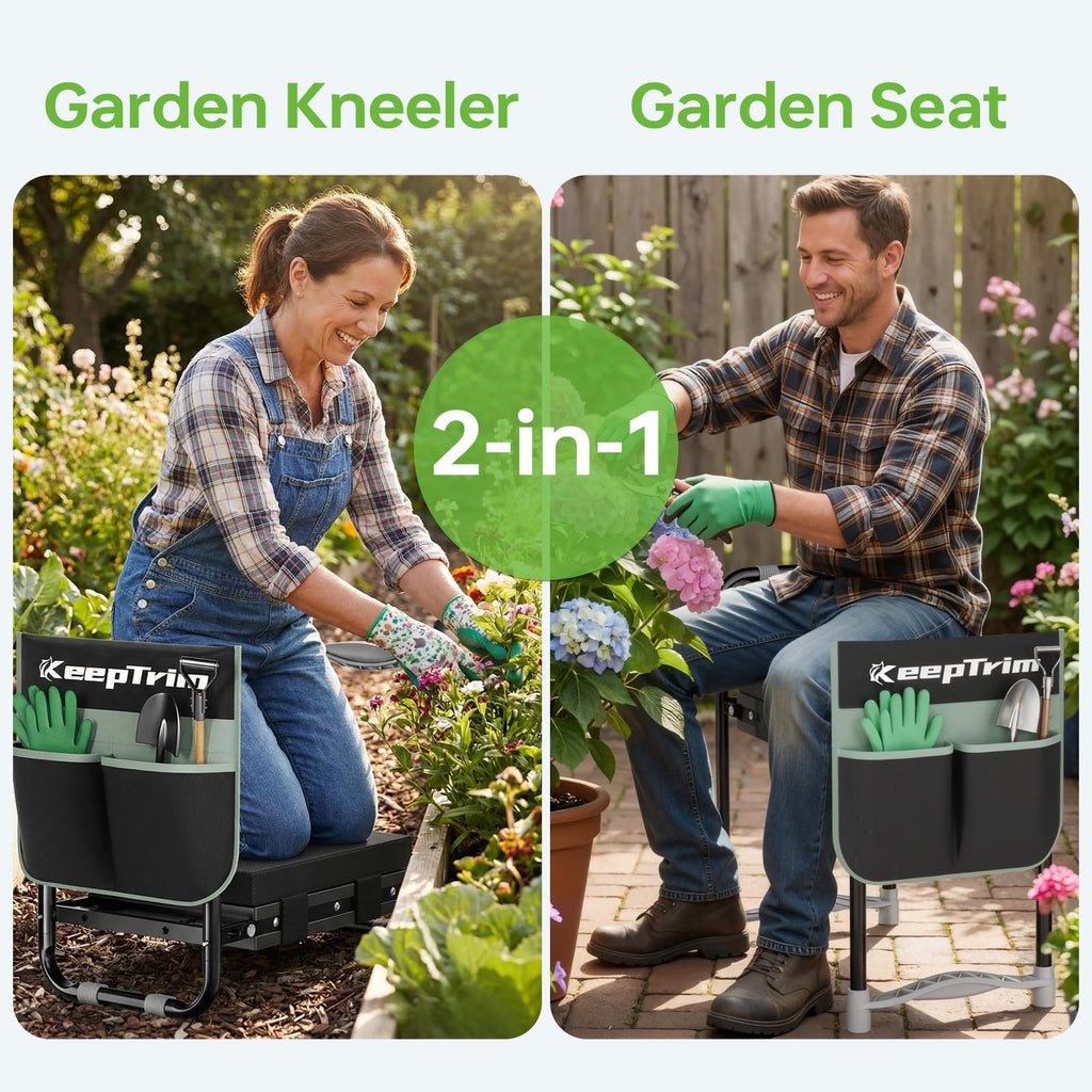 KeepTrim Garden Kneeler and Seat, Foldable Ergonomic Kneeling Bench with Tool Pouch 400 Lbs (Black)