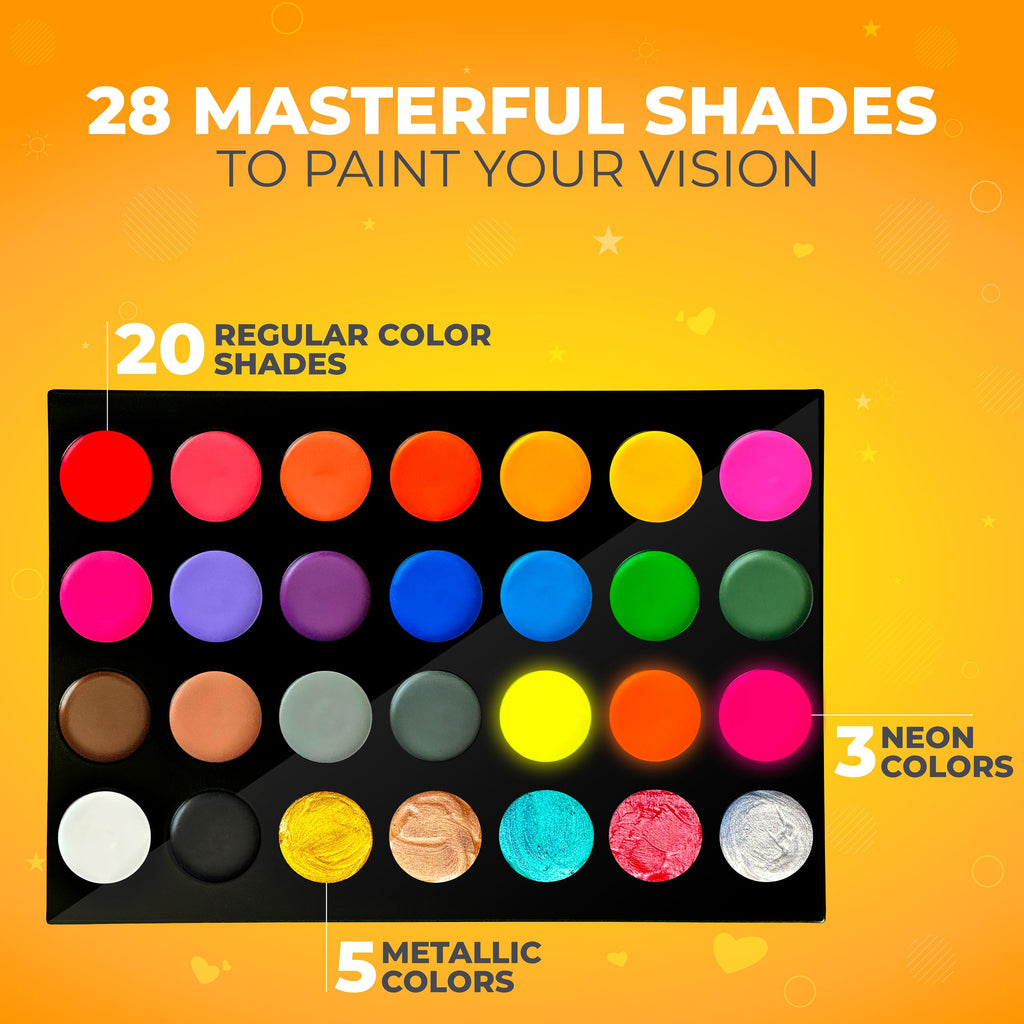 Zenovika Face Painting Kit for Kids - 28 Colors with 5 Metallics & 3 Blacklight Neons, 60 Reusable Stencils & 39-Design Book, Water Activated Face Paint, Washes Off with Soap & Water, Halloween