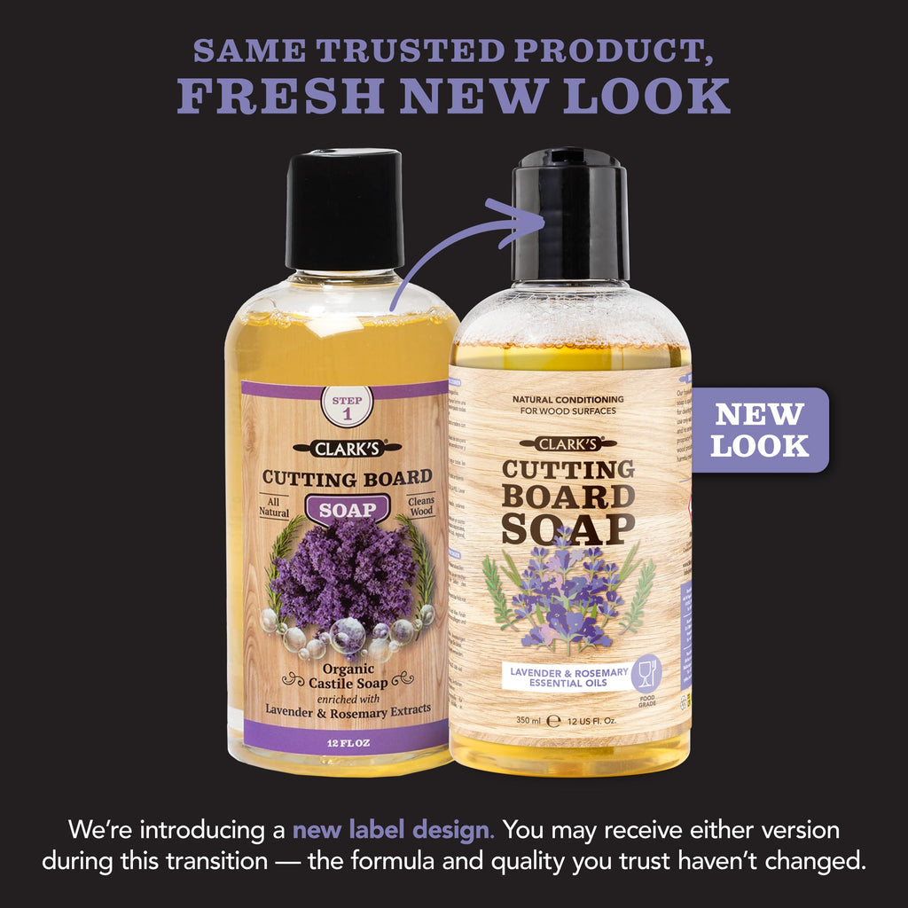 CLARK'S Cutting Board Organic Soap - Enriched with Lavender & Rosemary Oils - Cleaner for Butcher Block, Countertop and Utensils - Cleans and Restores Wood - Use Before Food Grade Mineral Oil