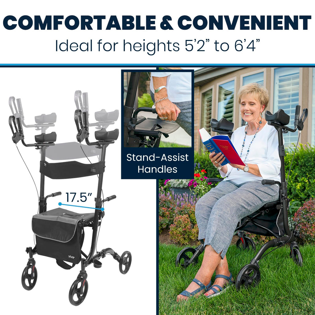 Vive Mobility Upright Walker with Seat - Stand Up Rollator, Arm Rests, Heavy Duty, Folding Medical Aid Scooter for Elderly, Seniors - Walking Assist, Foldable Transport Chair - 300 lb Capacity