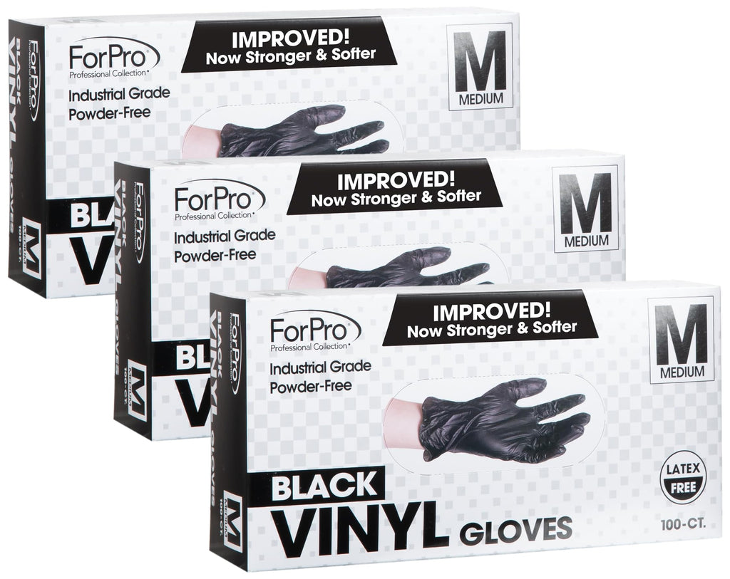 ForPro Disposable Vinyl Gloves, Black, Industrial Grade, Powder-Free, Latex-Free, Non-Sterile, Food Safe, 2.75 Mil. Palm, 3.9 Mil. Fingers, Medium, (Pack of 300)