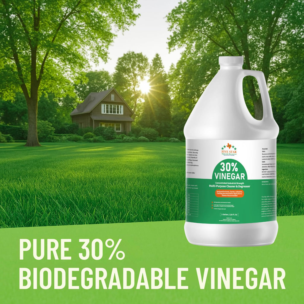 FIVE STAR MATERIALS RESOURCES 30% Vinegar Concentrated | White Vinegar for Cleaning and Garden | Home, and Outdoor Pure | Max Performance 7X Power | with Instructions (2 Gallon)
