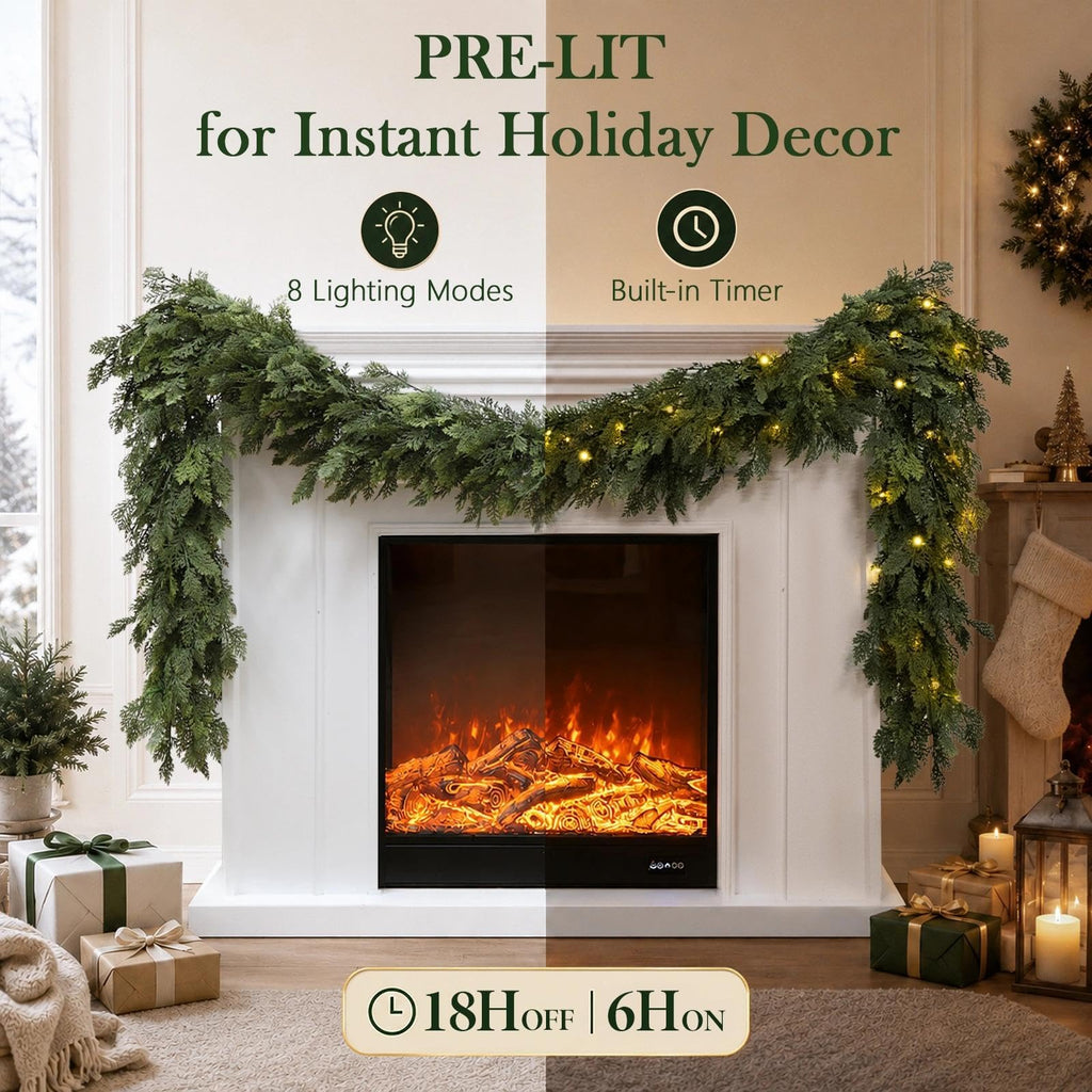 Pre-Lit Christmas Garland 9FT Decorations Real Touch Cedar Cypress Pine Greenery Artificial Green Christmas Garland with Lights for Mantle, Fireplace, Table, Stairs, Door, Indoor Outdoor Decorations