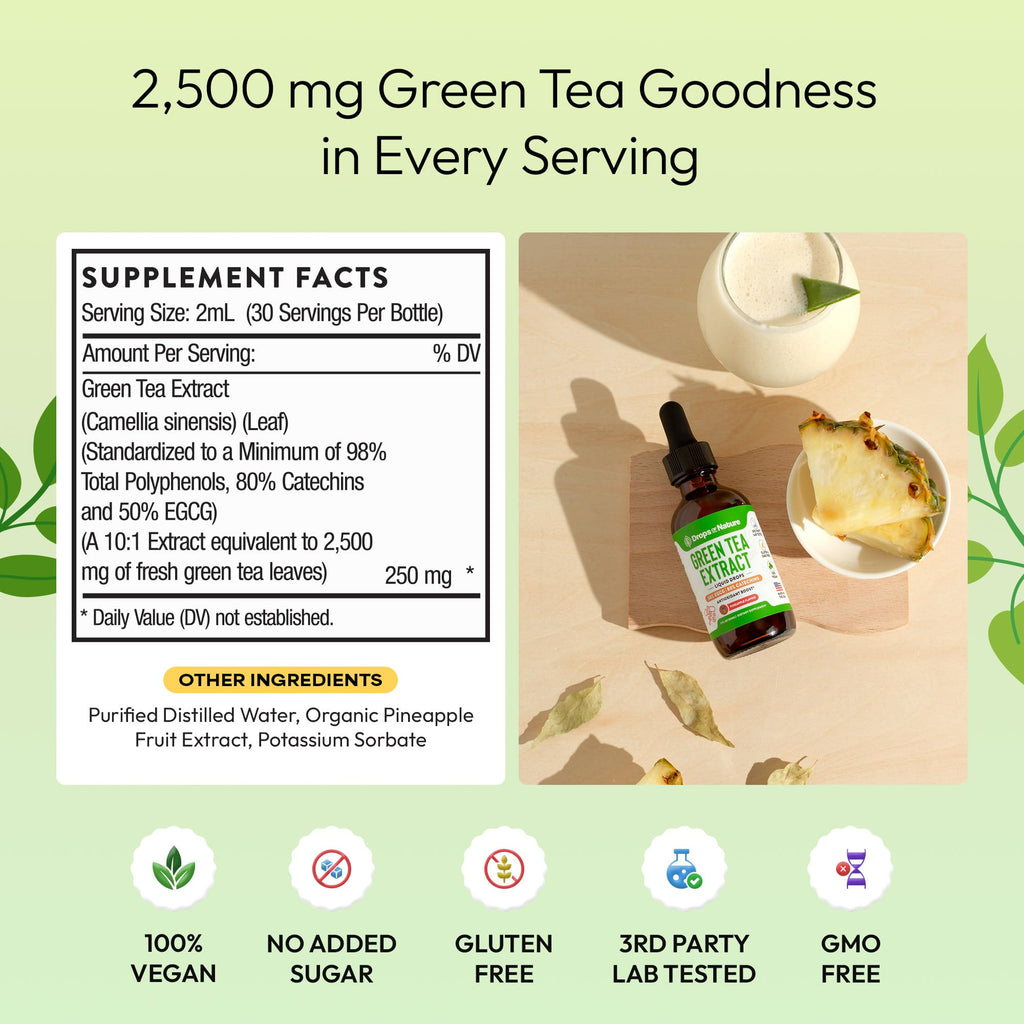 Green Tea 10:1 Extract 50% EGCG - Green Tea Liquid Drops - Vegan, 4X More Powerful Than Pills & Capsules - 2oz Antioxidant & Immune Supplement - Skin, Heart Support, Brain Health & Memory Boost