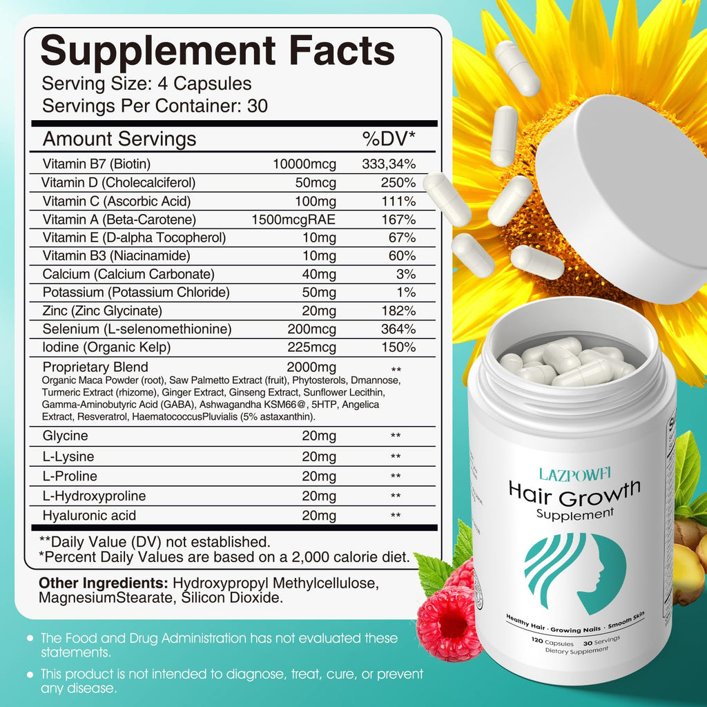 Lazpowfi Hair Growth Products, Biotin 10000mcg, 30-in-1 with Vitamin A, B3, C, D, E, Calcium, Hair Growth Supplement, Supports Hair & Nails Natural Growth Vitamins, for Women & Men - 30 Servings