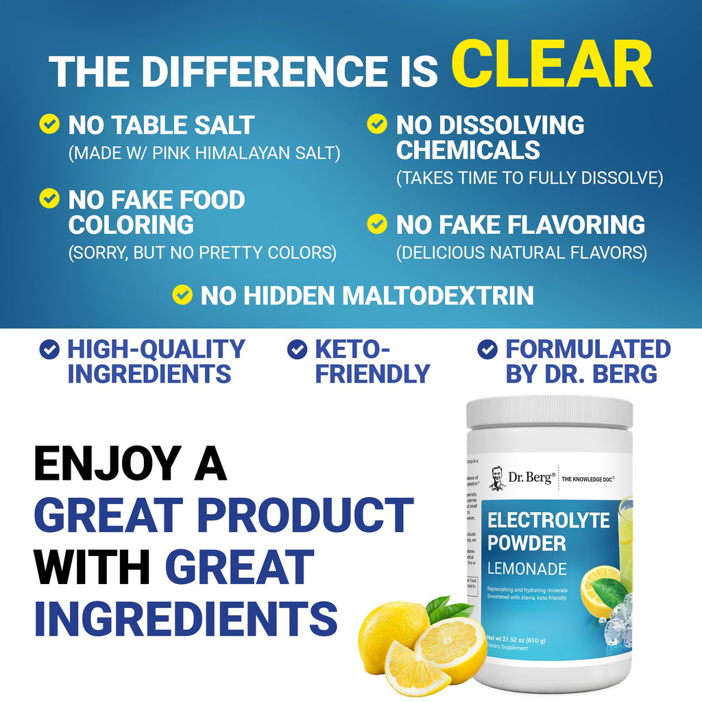 Dr. Berg Zero Sugar Hydration Keto Electrolyte Powder - Enhanced w/ 1000 mg of Potassium & Real Pink Himalayan Salt (NOT Table Salt) - Lemonade Flavor Hydration Drink Mix Supplement - 100 Servings