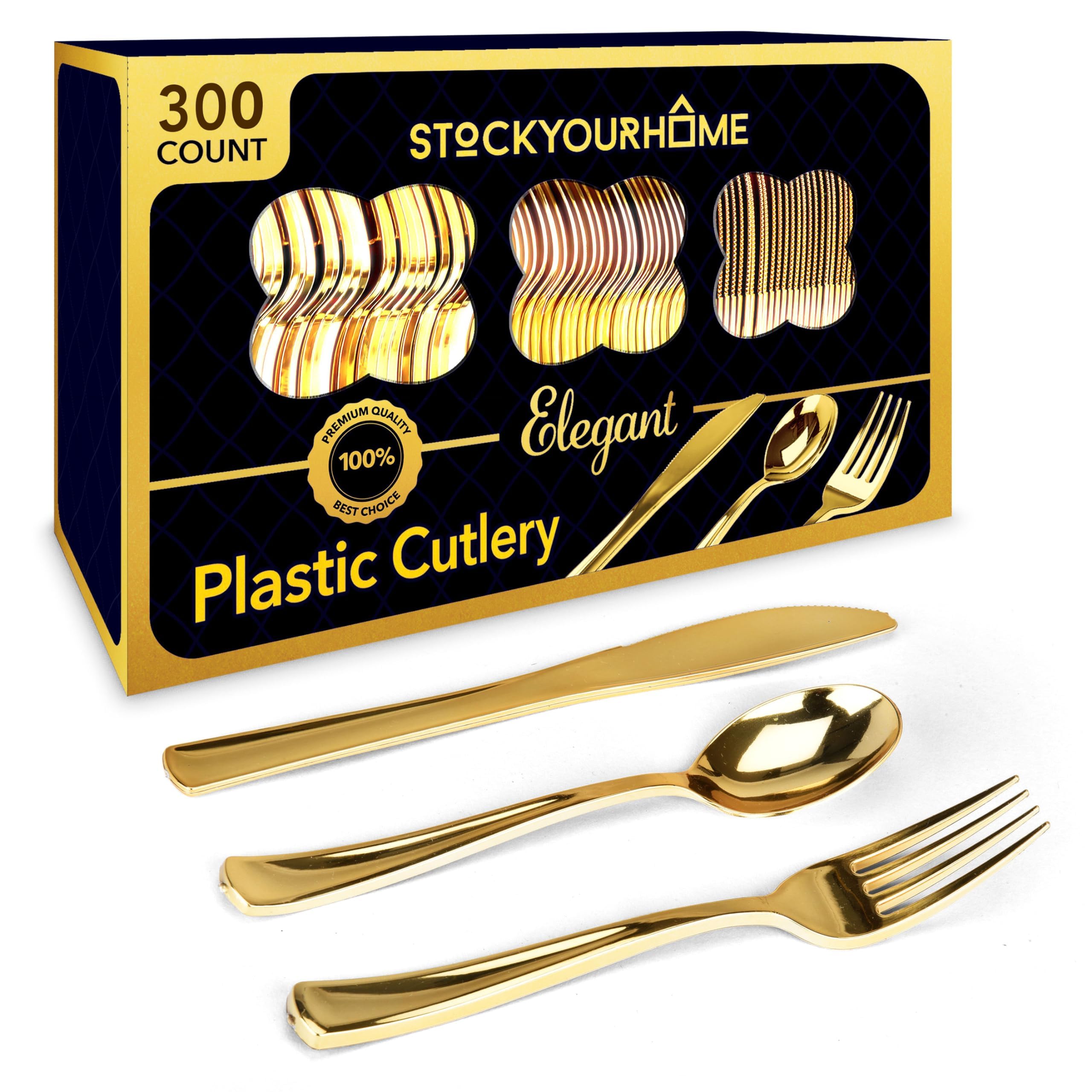Gold Plastic Silverware Set (300-Pack) – Disposable Heavy Duty Cutlery, 100 Forks, 100 Knives, 100 Spoons for Parties, Weddings, Dinners & Holidays, Stock Your Home