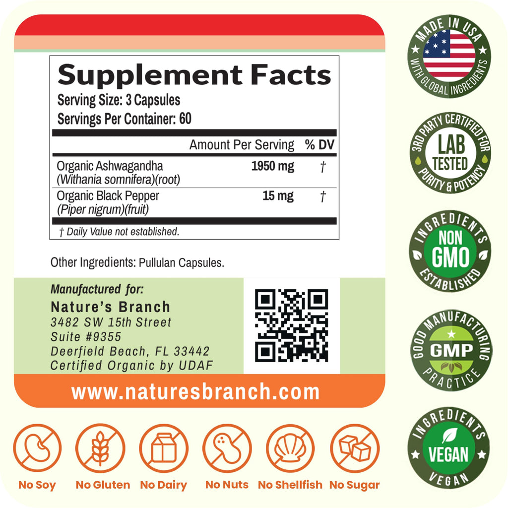 UDAF Certified Organic Ashwagandha with Black Pepper, 1965mg - Extra Strength for Stress, Sleep, Mood, Thyroid, Energy, Hair, Vegan Pure Root Extract Powder Supplement for Men and Women | 180 Capsules