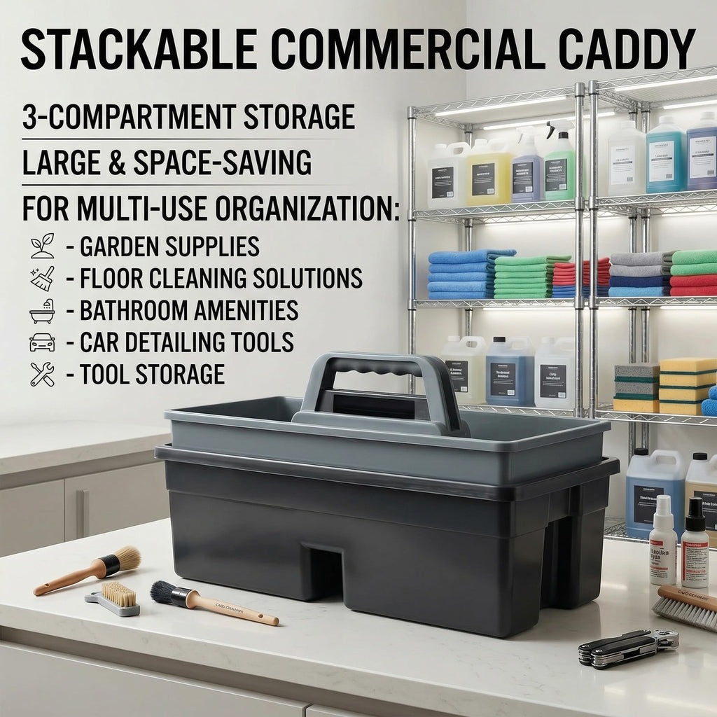 3-Compartment Plastic Cleaning Caddy Basket – Stackable Large Commercial Quality Plastic Tool Organizer Bucket with Handle, Black