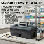 3-Compartment Plastic Cleaning Caddy Basket – Stackable Large Commercial Quality Plastic Tool Organizer Bucket with Handle, Black