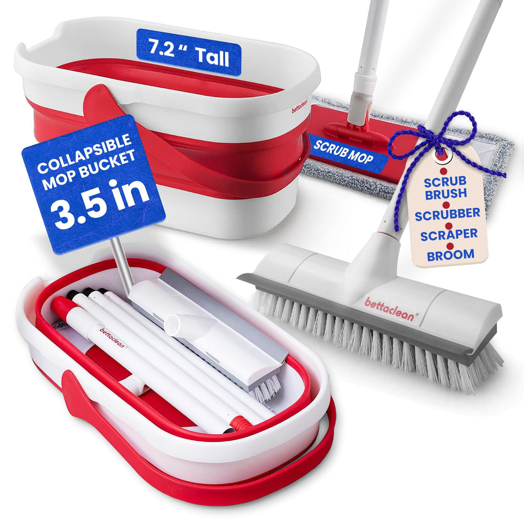 Collapsible Mop and Bucket Set with Wringer, Heavy Duty Scrub Brush, Foldable Mop and Broom for Home, Indoor or Outdoor Cleaning, Patio, Deck, RV, Concrete, and Floor Care by Bettaclean