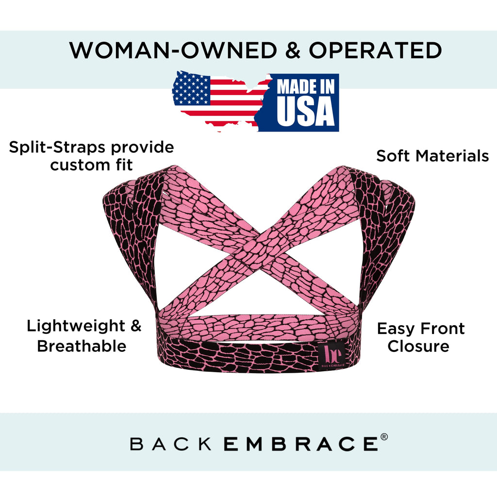 BackEmbrace Posture Corrector for Women and Men - Made in USA - Slim and Adjustable Shoulder Brace - Back Brace for Back Pain Relief - Pink Pebble XL