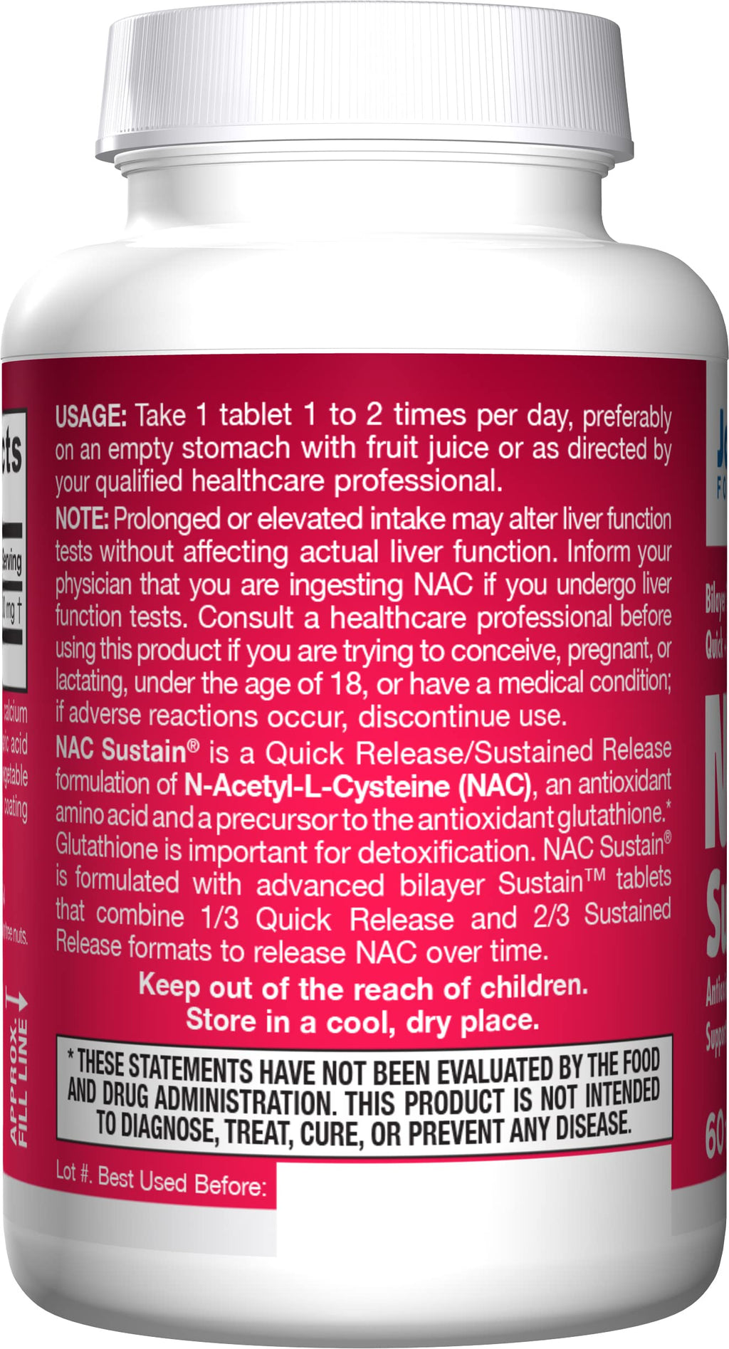 Jarrow Formulas N-A-C Sustain 600 mg, Dietary Supplement, NAC 600 mg, an Antioxidant Amino Acid Support for Liver Health, 60 Day Supply, 60 Tablets (Pack of 2)