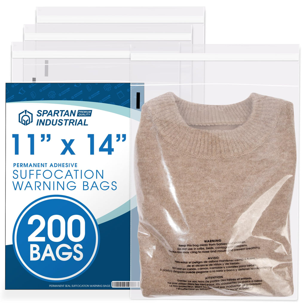 11” X 14” (200 Count) Self Seal Clear Poly Bags with Suffocation Warning