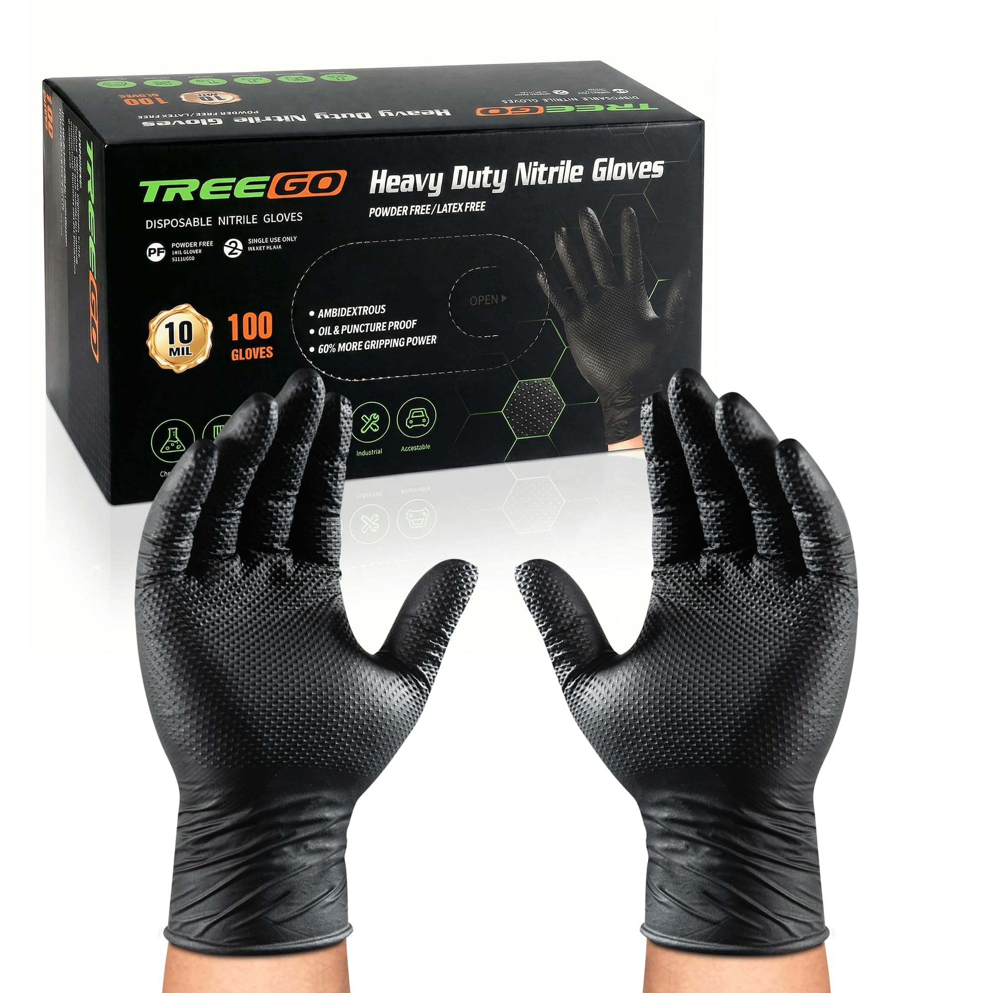 TREEGO 10 Mil Black Nitrile Gloves Heavy Duty — 3D Diamond Texture Grip, Latex Free Disposable Rubber Mechanic Gloves, X-Large, 100 Count