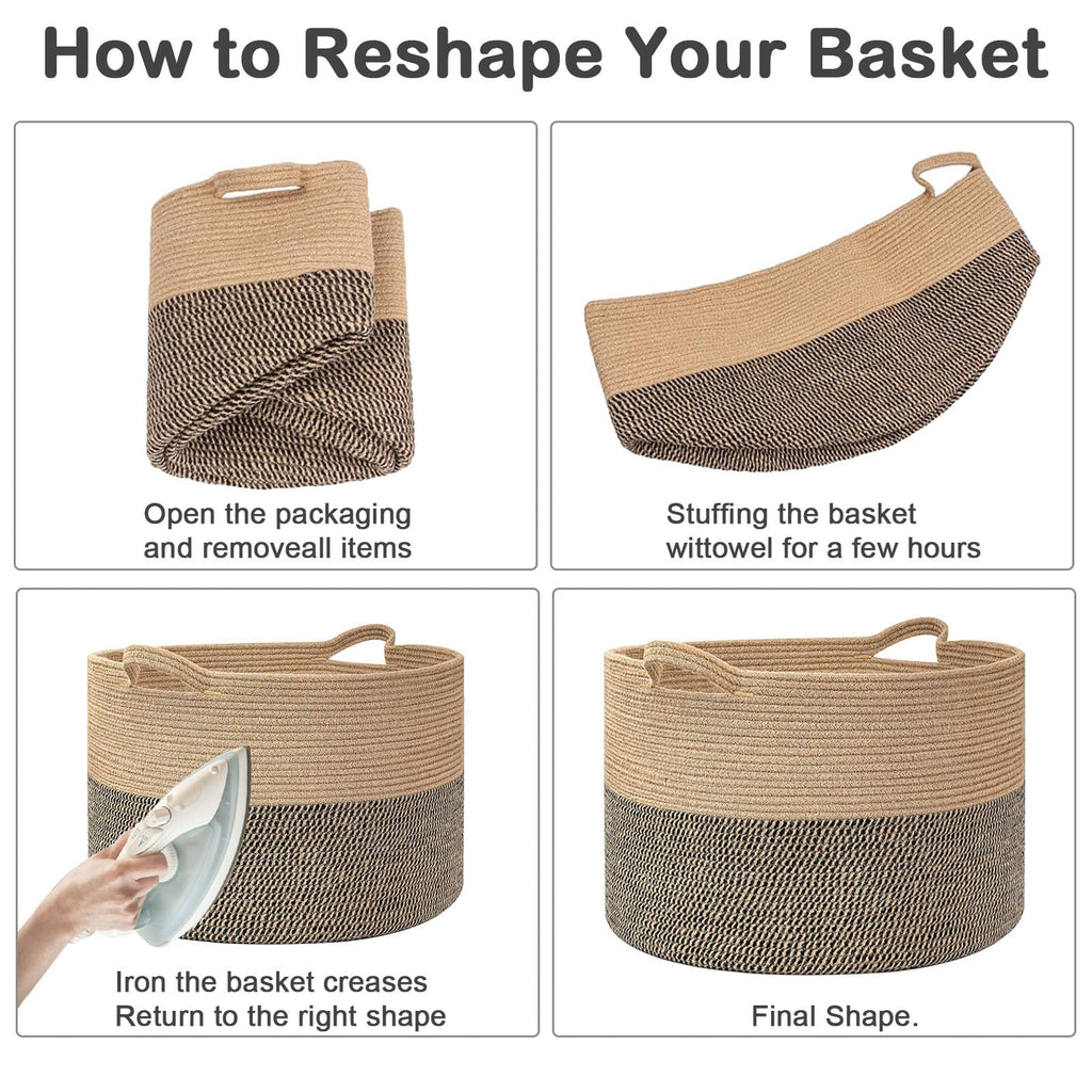 HZFTJOY Large Woven Blanket Basket,65L Cotton Rope Laundry Basket