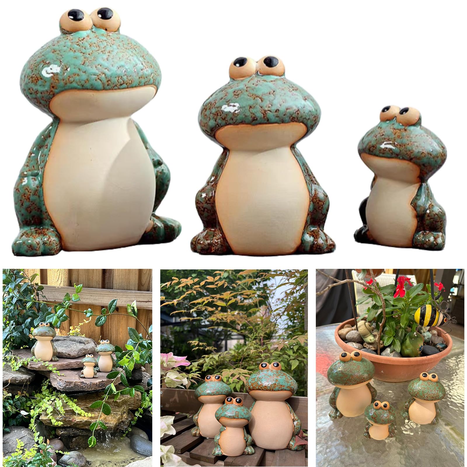 DIY Hub Ceramic Frog Garden Decor Set of 3 - Funny Cute Frog Lawn Ornaments, Outdoor Pond Patio Statues for Yard, Front Porch, Backyard Decor (Dad, Mom & Baby Frogs)
