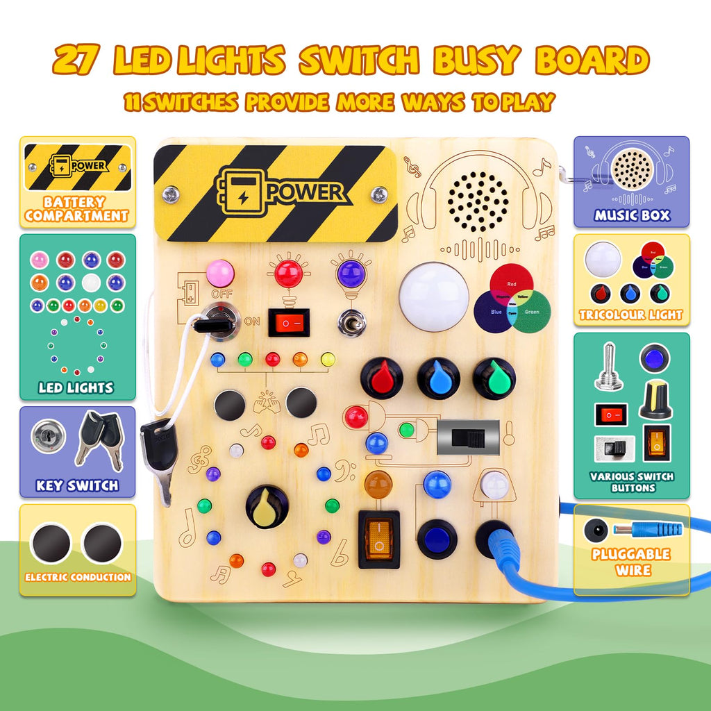 Iabedi Busy Board,Montessori Toys for 1-3 Years Old, Wooden Toddler Toy, Autism Sensory Travel Toys, Ideal Gift for 1+ Year Old Boys (Busy Board v5)