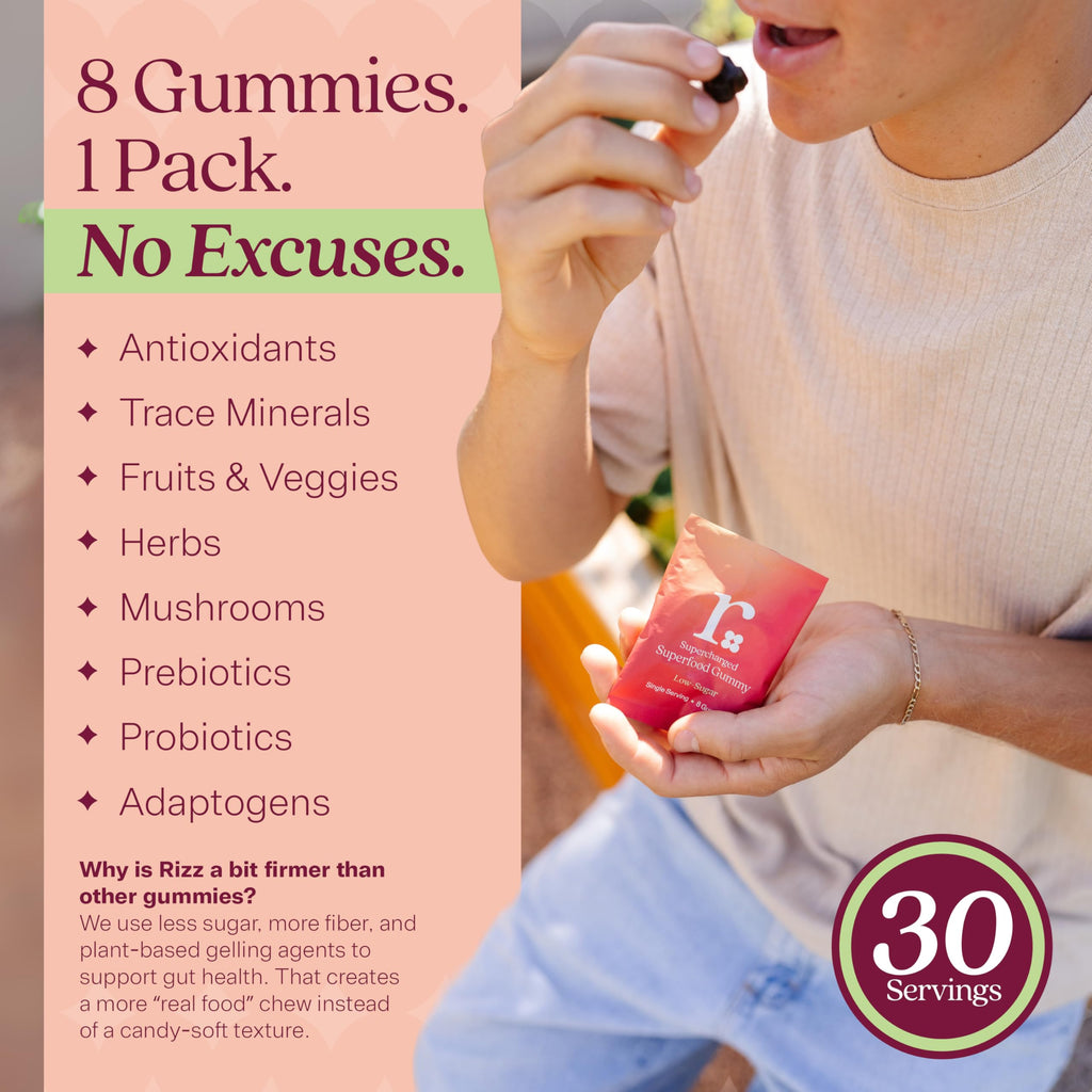 Rizz Low Sugar Green Gummies - 60+ Superfoods 6g Fiber - Prebiotic and Probiotic Gummies - Vegan Multivitamins for Women & Men - Gluten Free - Mushroom, Fruit and Vegetable Supplements - 30 Day Supply