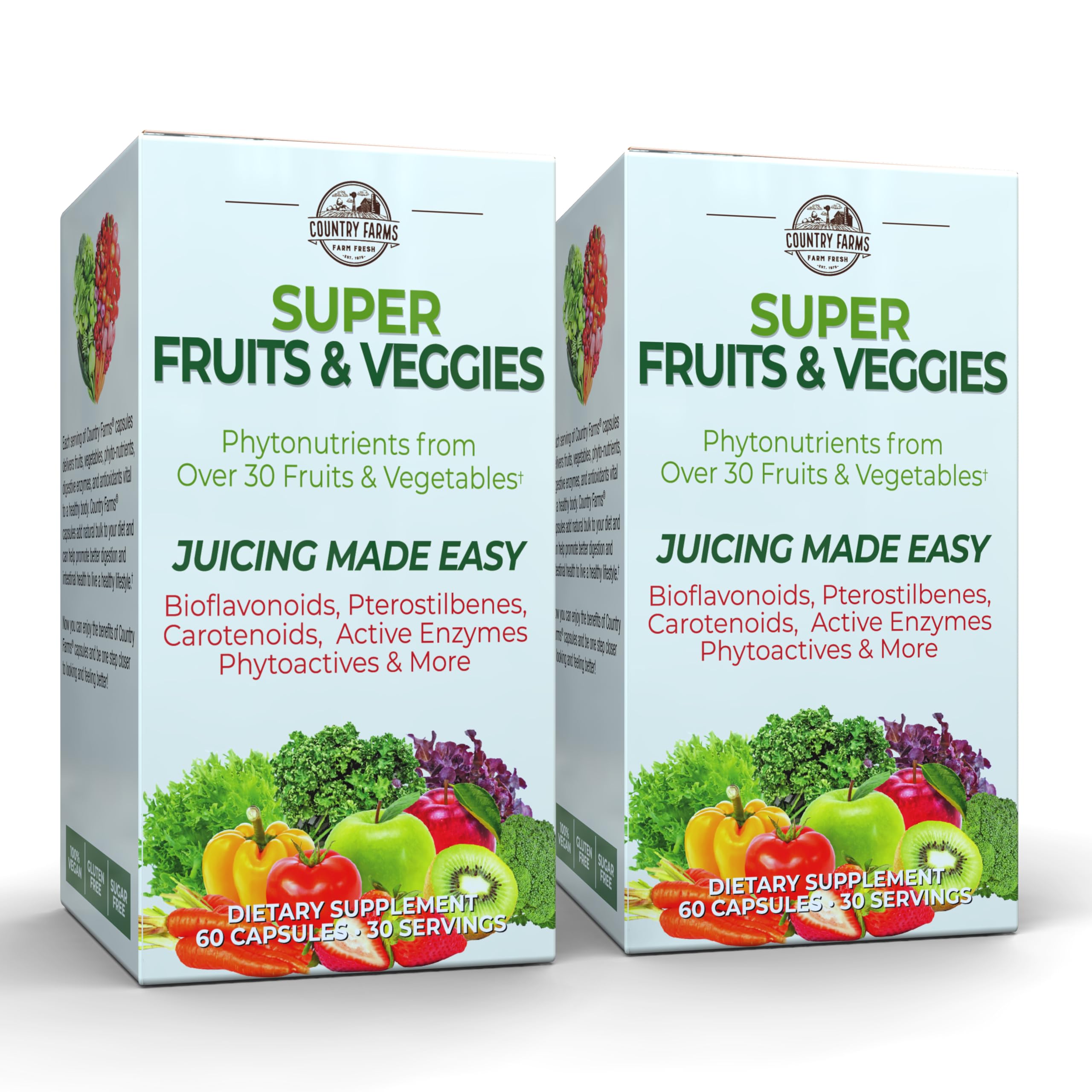 COUNTRY FARMS Super Fruits and Veggies Capsules, Whole Food Supplement, Powerful Antioxidant, Supports Energy, Immune Health, Boosts Digestive Health, 30 Organic Super Foods, 60 Servings, 2 Pack