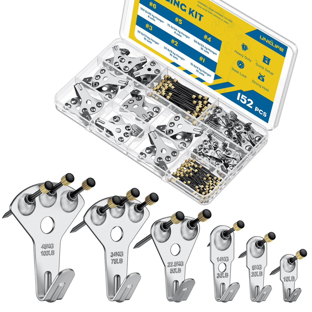Uniclife 152 Pcs Picture Hanging Kit, 10 lb, 20 lb, 30 lb, 50 lb, 75 lb, 100 lb Heavy Duty Picture Hangers for Drywall & Wood, Picture Hanging Hooks, Frame Hooks, Silver