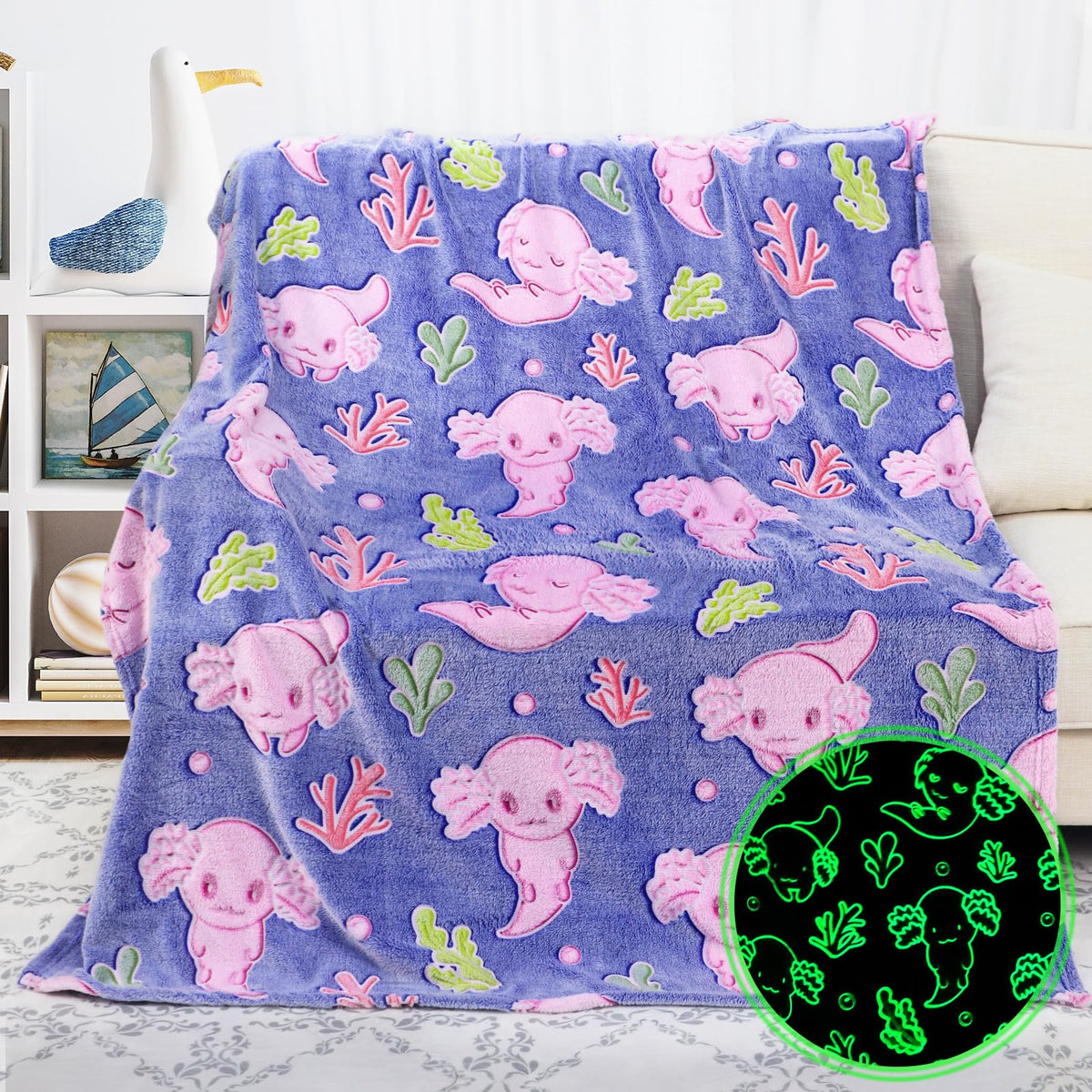 KIVEE Axolotl Gifts for Girls Kids, Glow in the Dark Axolotl Blanket for Toddler Girl, Axolotls Toys Stuff, Girls Birthday Gifts Kids Teens Christmas, Cute Axolotls Bedroom Decor, 50"x60"