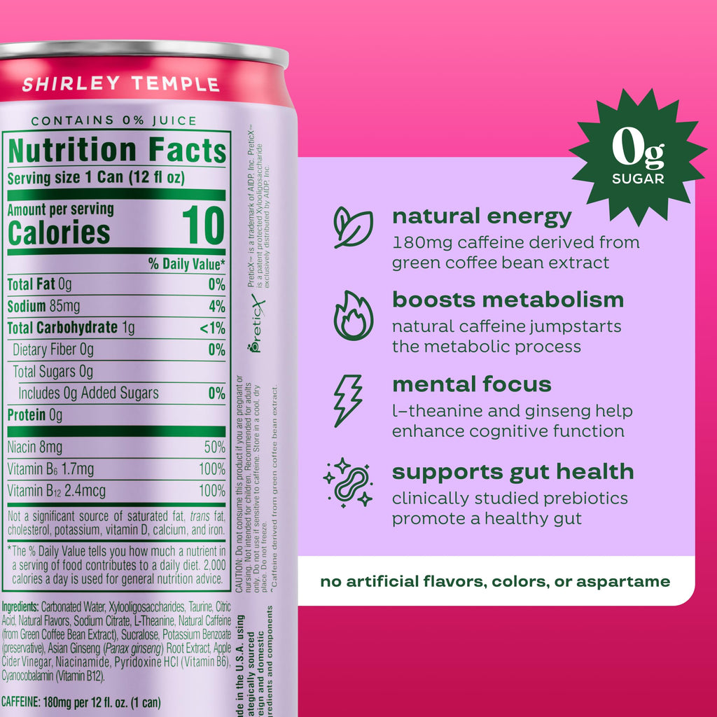 Bloom Nutrition Zero Sugar Energy Drink, Shirley Temple, 12oz 12pk