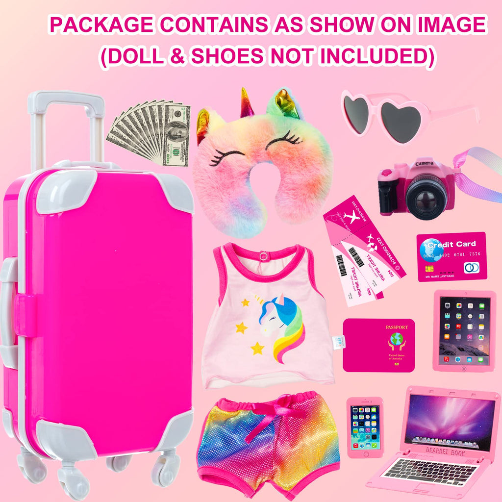 XFEYUE 23 Pcs American 18 inch Doll Clothes and Accessories - Suitcase Luggage , Pillow, Sunglasses, Camera, Passport, Mobile Phone , Computer Doll Travel Gear Play Set (No Doll)