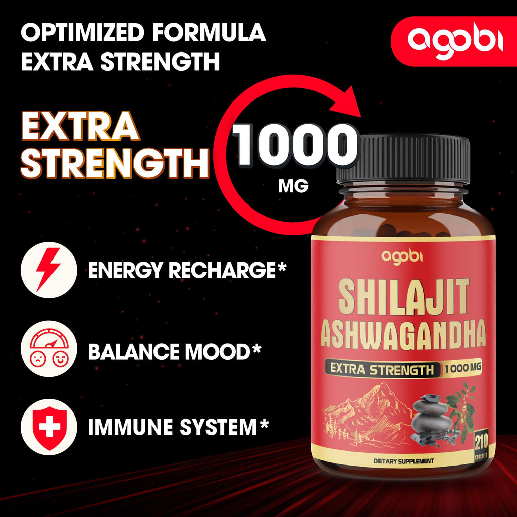 agobi 210 Capsules - 600mg Shilajit Supplement with 400mg Organic Ashwagandha Root - Shilajit Pure Himalayan Organic for Energy Production, Immune System Brain Health, Focus & Concentration