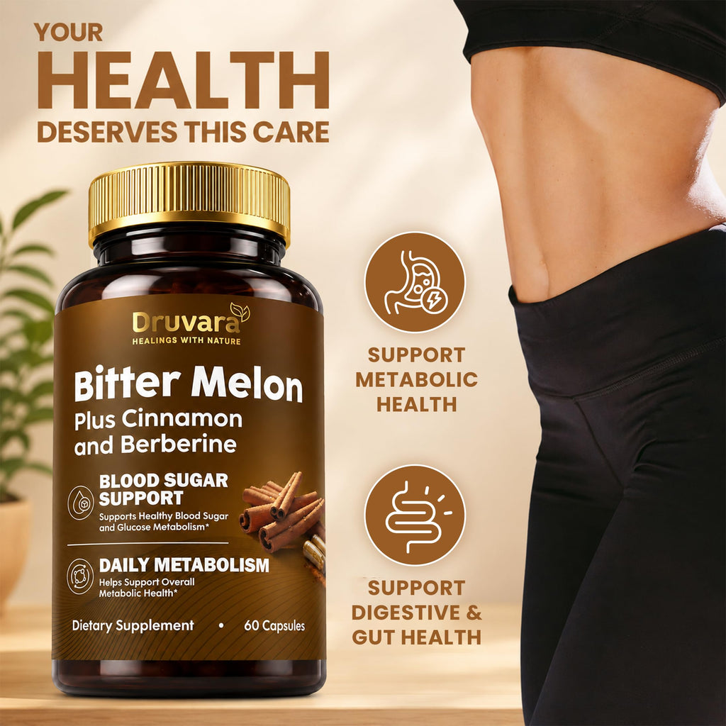 Druvara Bitter Melon Capsules with Berberine & Cinnamon, Sugar Balance, Metabolic Health & Steady Energy, with Extra Strength Bitter Melon Extract, Clean Formula, 60 Capsules