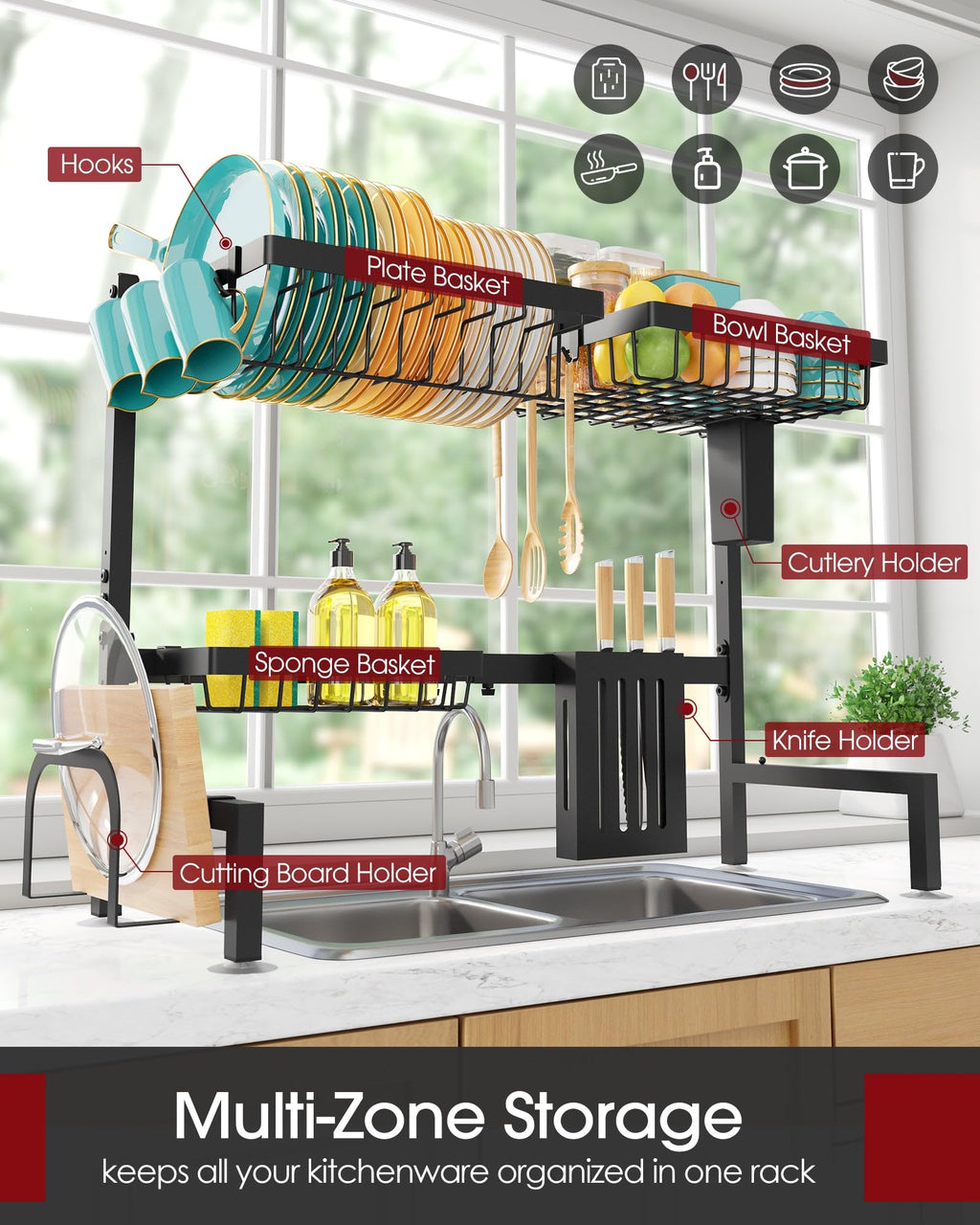 Sakugi 2-Tier Over the Sink Dish Drying Rack, 30"-33.9" L, Black