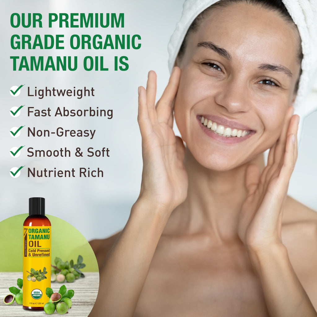 Seven Minerals USDA Organic Tamanu Oil - Big 8oz (240ml) - Cold Pressed & 100% Pure Tamanu Organic for Skin, Face, Hair, & Nails - GMO & Hexane Free Nutrient Dense Carrier Oil that Absorbs Easily