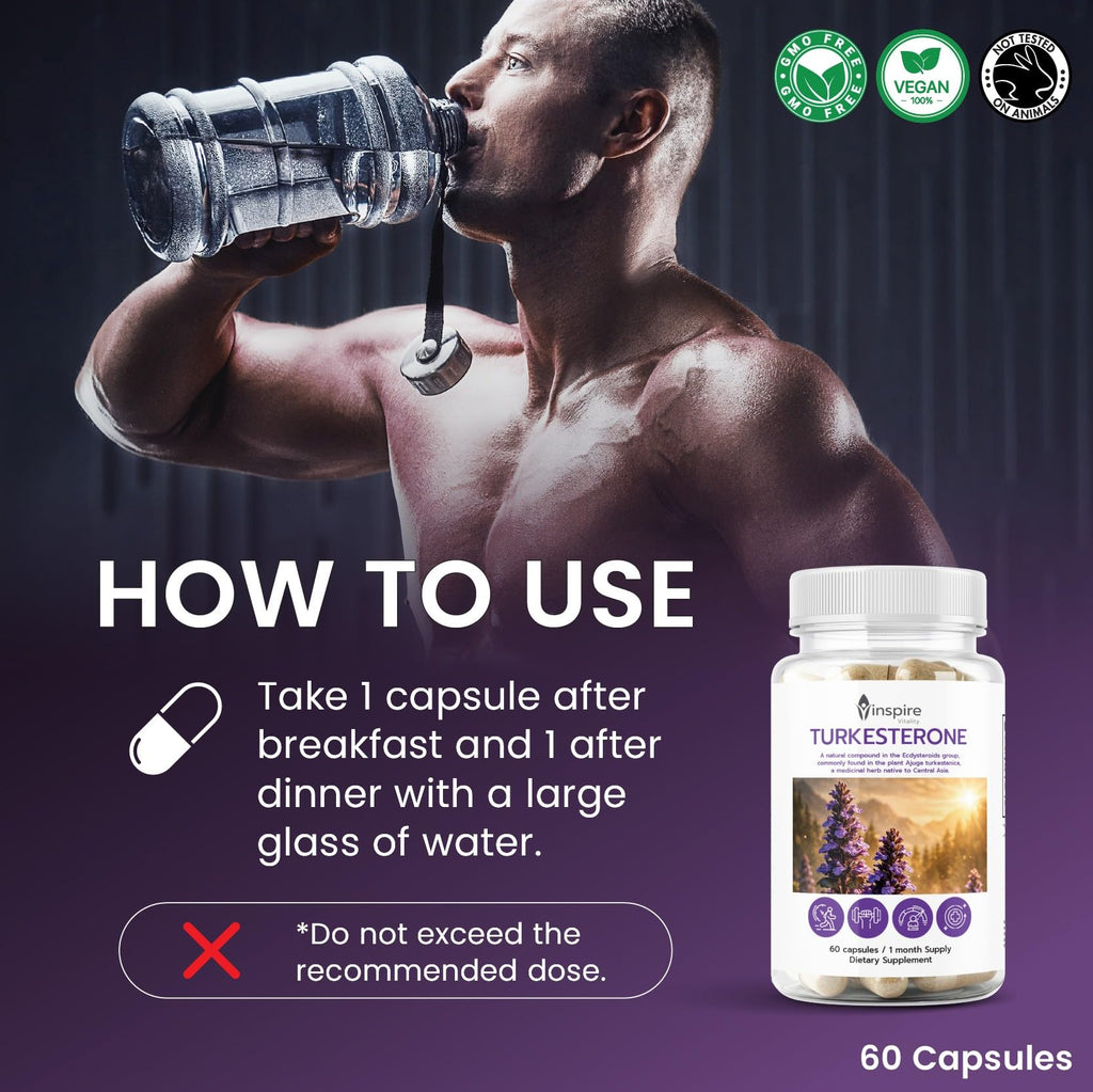 Turkesterone Capsules Pure 500mg Natural Ajuga Turkestanica Extract Ecydysterone- Increase Lean Muscle Growth & Recovery, Drive & Stamina - Non GMO - 60 V Capsules