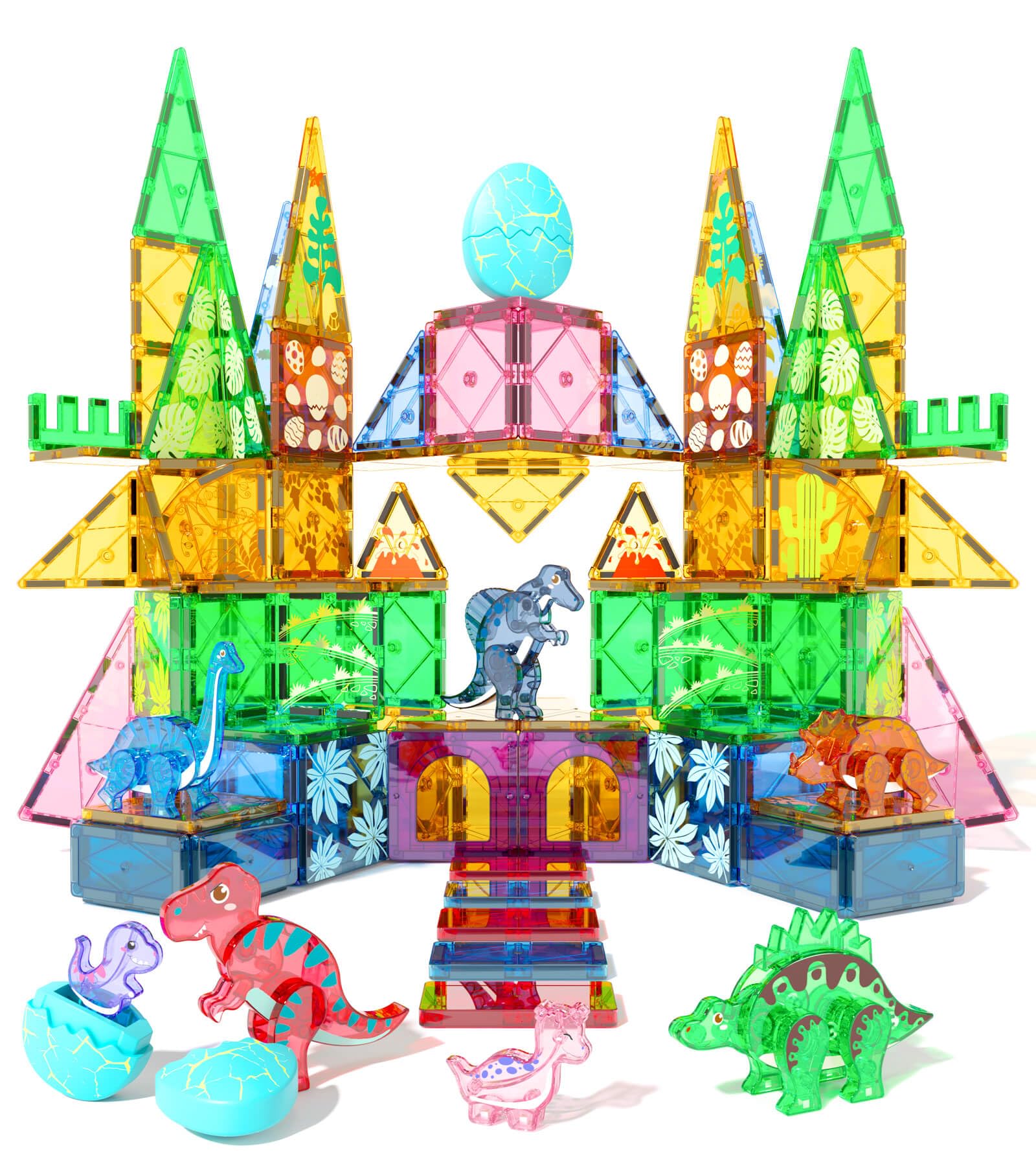 Asago Dinosaur Toys Magnetic Tiles Set - 2 Eggs, 2 Baby Dinos & 5 Large Dinosaurs for Kids 3-5, 105pcs Magnetic Building Blocks for Toddlers 1-3 4-8,Magnet Tiles Educational Toy for Boys Girls