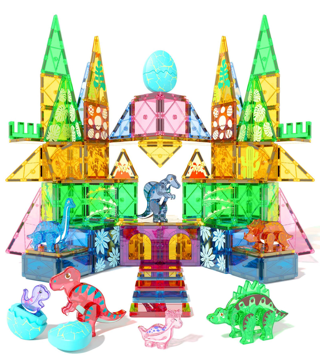 Asago Dinosaur Toys Magnetic Tiles Set - 2 Eggs, 2 Baby Dinos & 5 Large Dinosaurs for Kids 3-5, 105pcs Magnetic Building Blocks for Toddlers 1-3 4-8，Magnet Tiles Educational Toy for Boys Girls