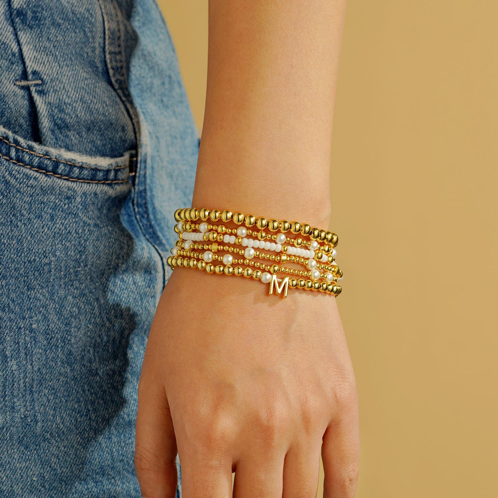 Turandoss 18K Gold Plated Beaded Initial Bracelet for Women Jewelry Gifts