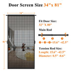 MAGZO Hanging Screen Door Curtain, Fits Door Size 32" x 80" (Mesh Size 34'' x 81''), Durable Fiberglass with Tension Rod and Hook&Loop (One Piece Can be Installed in 2 Ways), Weighted Bottom, Grey